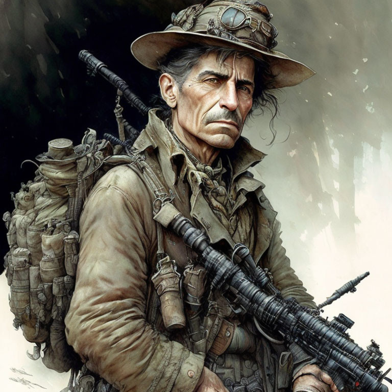 Rugged man in military gear with rifle and scope illustration