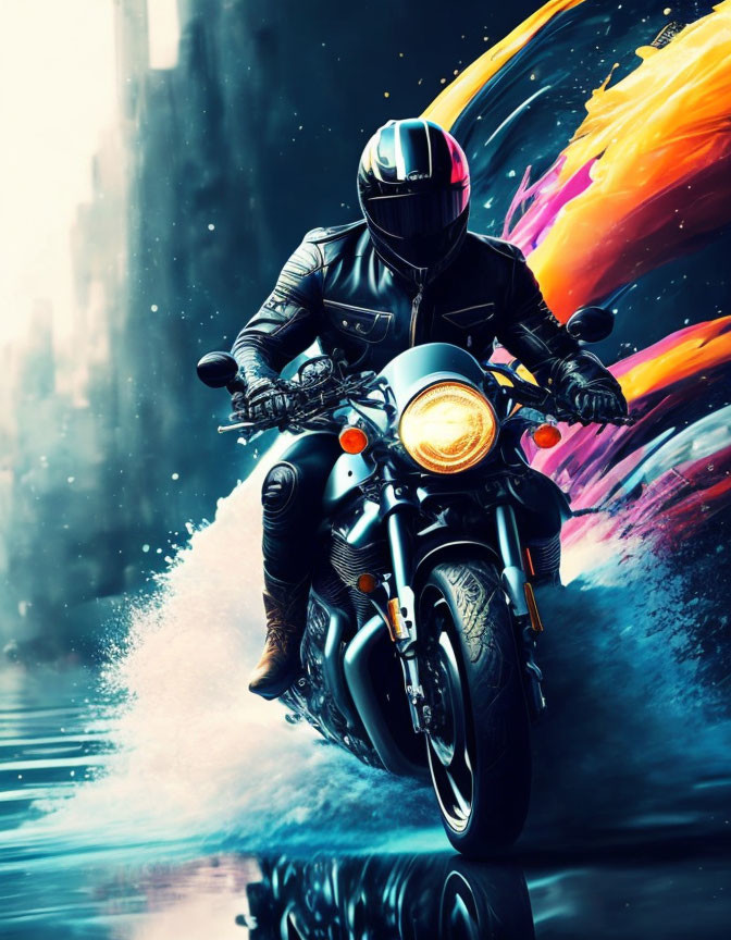 Motorcyclist in black gear rides against vibrant abstract background