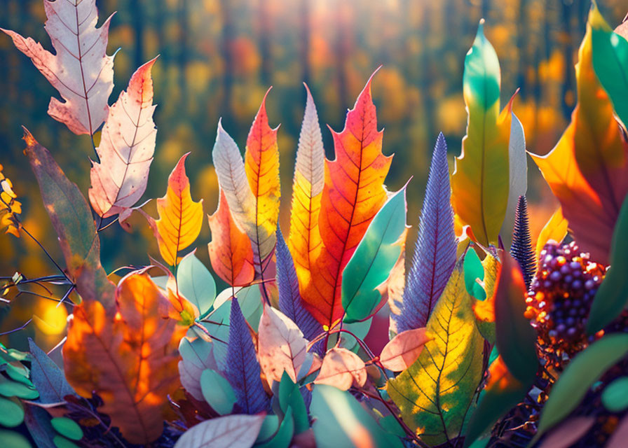 Colorful Autumn Leaves Backlit by Sunlight in Forest Scene