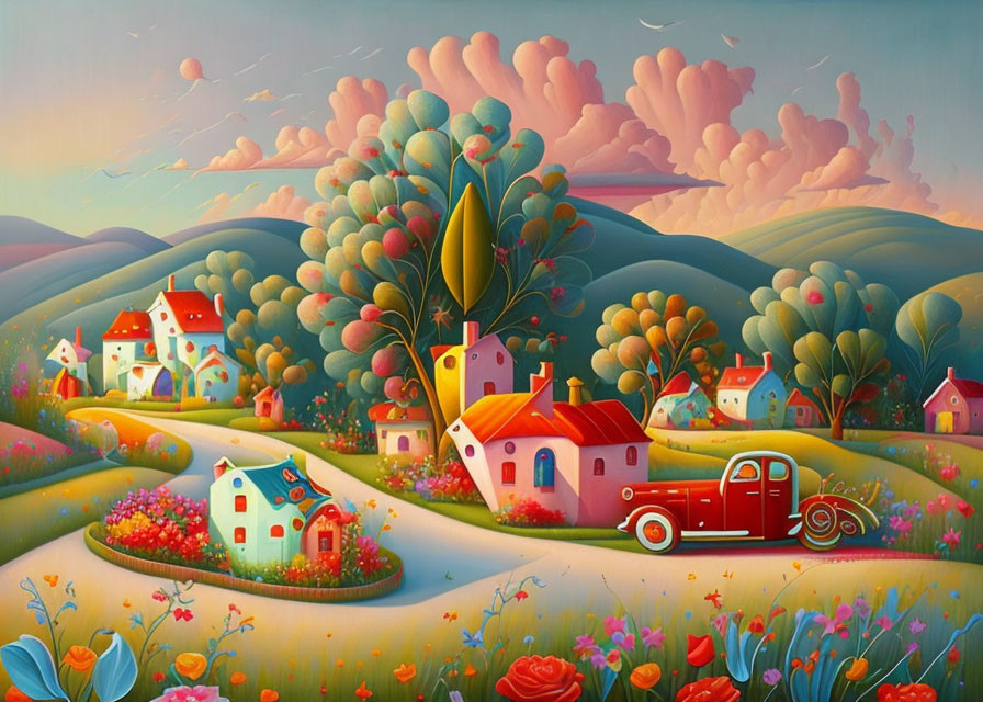 Colorful Cottage Landscape with Red Car on Winding Road