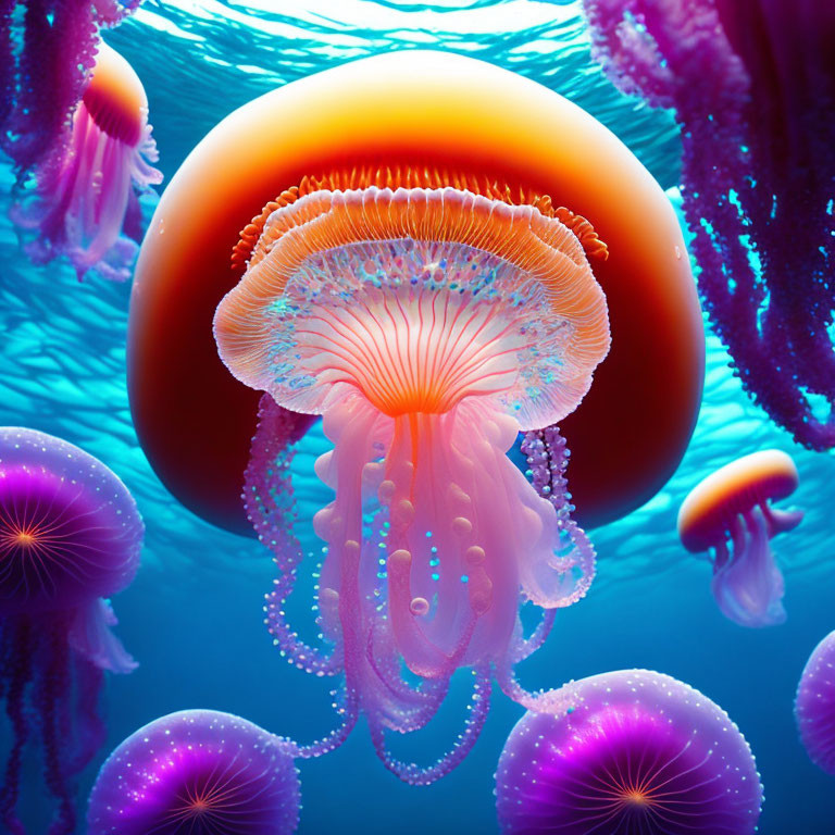 Colorful Underwater Scene with Orange and Purple Jellyfish