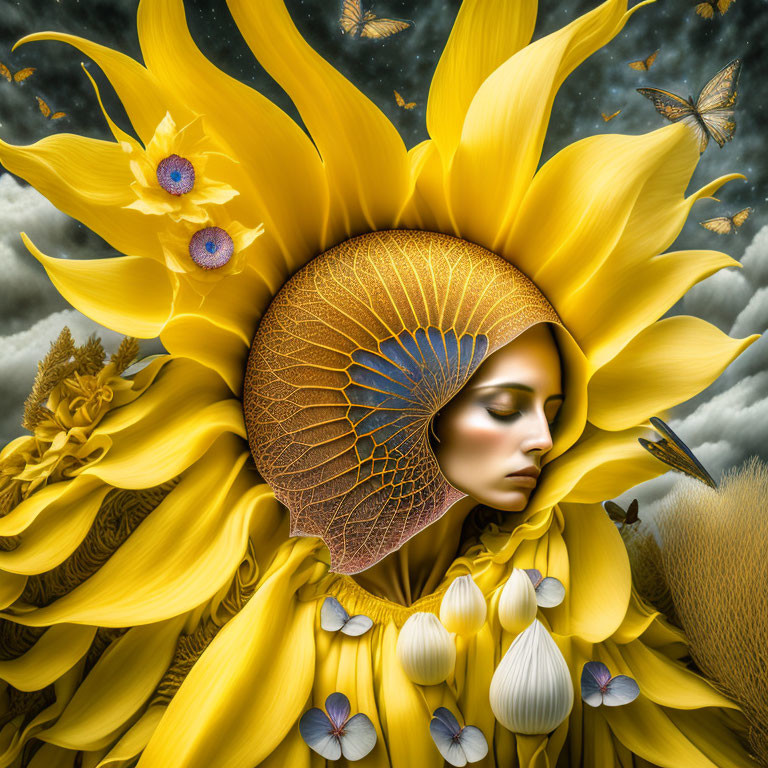 Surreal image: Woman's face with sunflower, butterflies, wheat fields