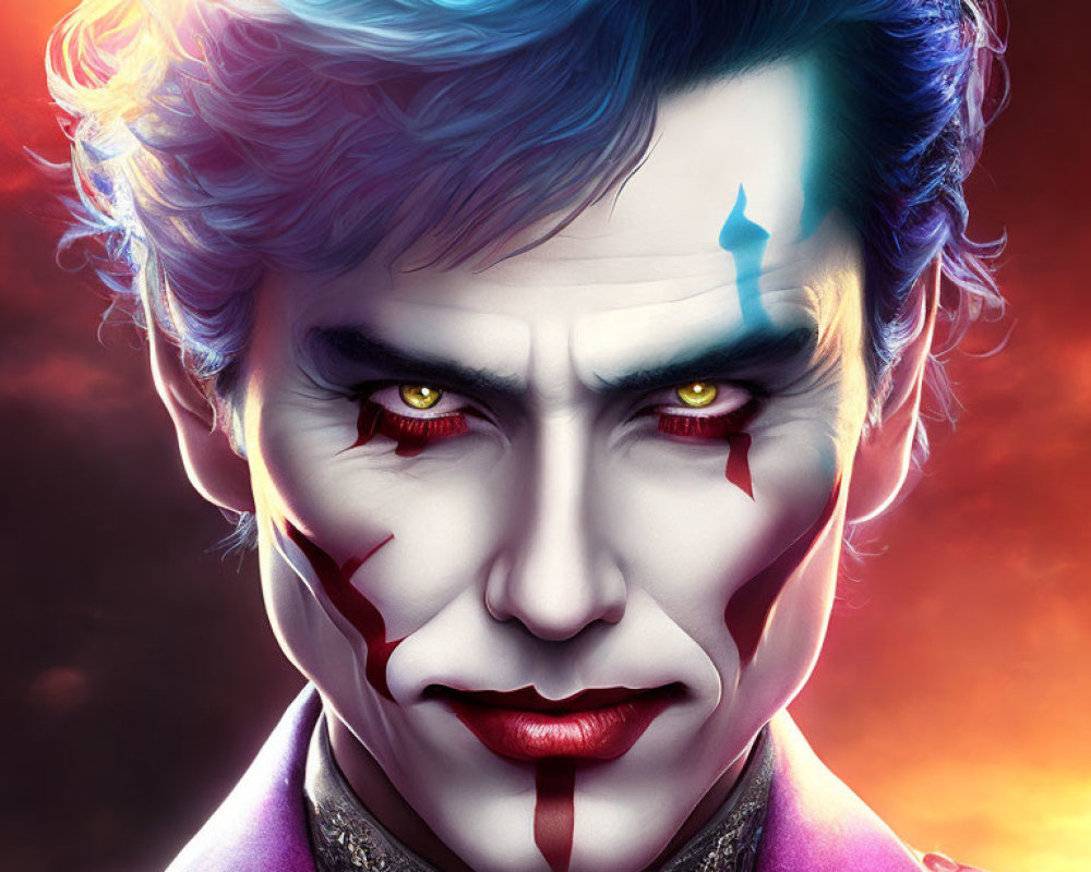 Vibrant blue hair, red eyes, and Joker-inspired face paint on male figure