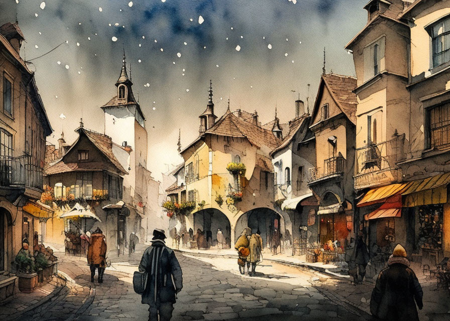 European Street Scene Watercolor Painting with Snowy Atmosphere