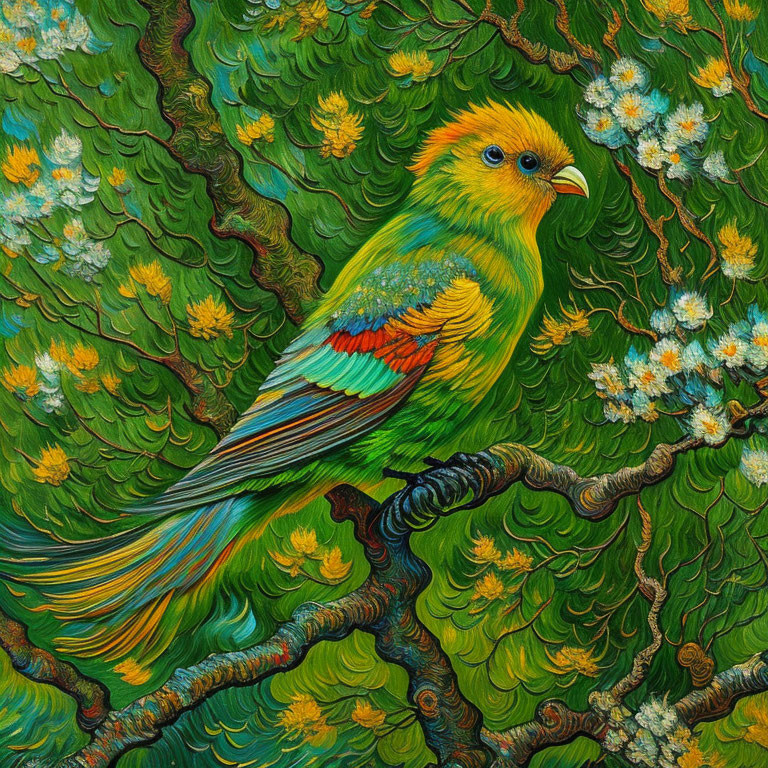 Colorful stylized bird on branch surrounded by green foliage and white blossoms