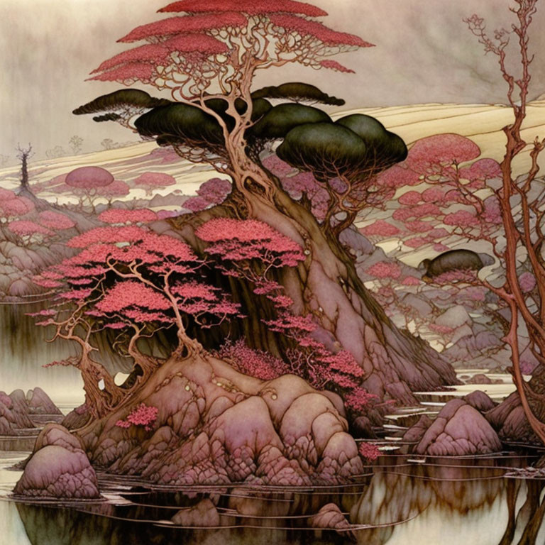 Ethereal fantasy landscape with pink foliage trees on rocky islets