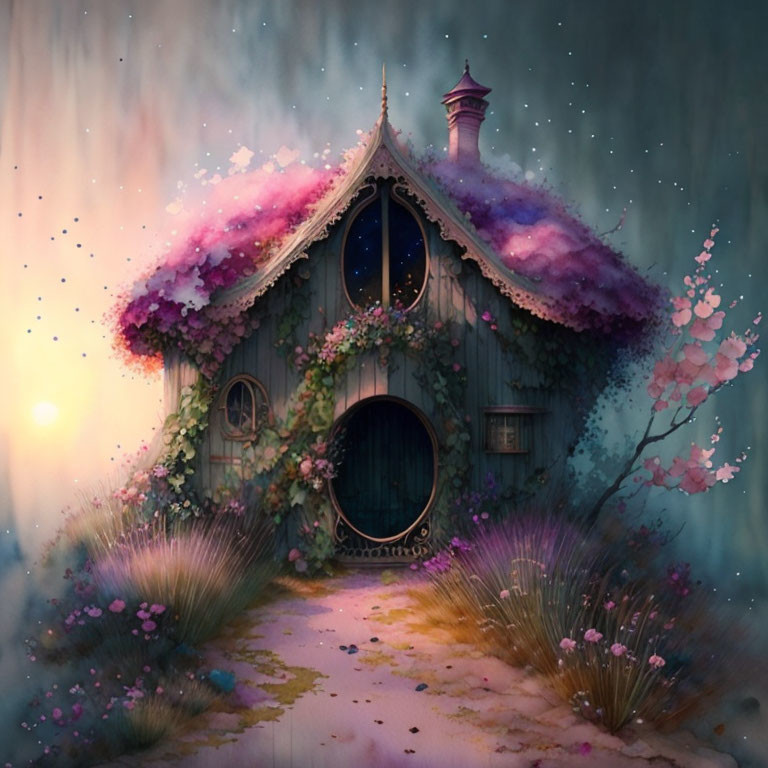 Whimsical cottage with round door in magical twilight forest