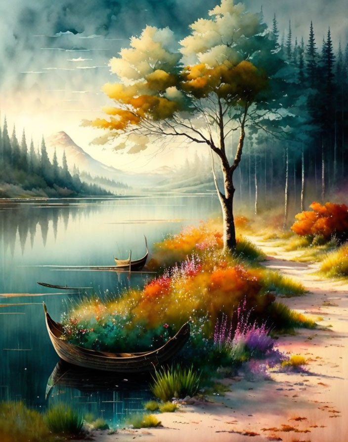 Tranquil lake scene with lone tree, wildflowers, and misty mountains