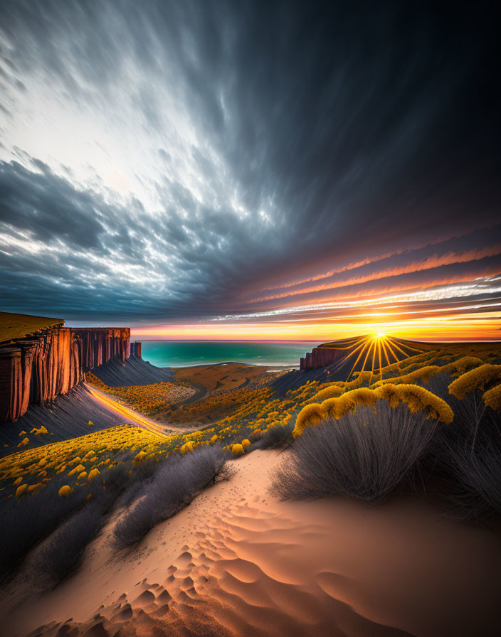 Vibrant sunset over desert landscape with dramatic clouds and cliffs
