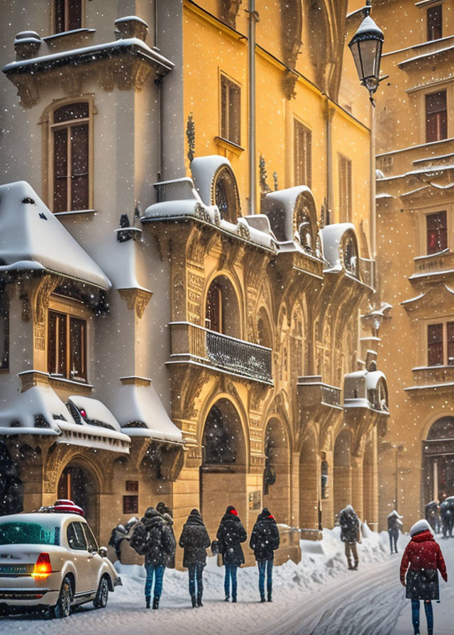 Charming city street covered in snow with pedestrians and parked taxi