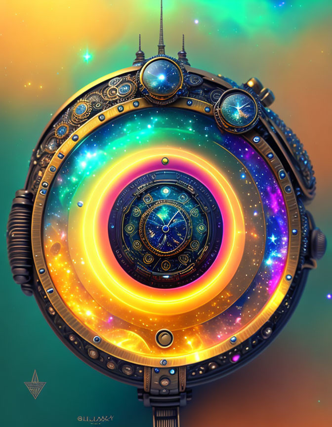 Colorful spherical artifact with spiral galaxy motif and gemstones.