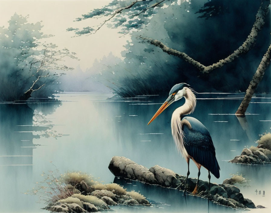 Tranquil heron painting by calm lake and misty trees
