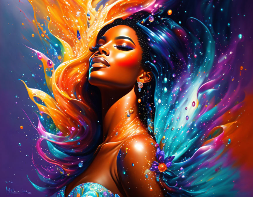 Colorful digital art portrait blending woman with cosmic stars.