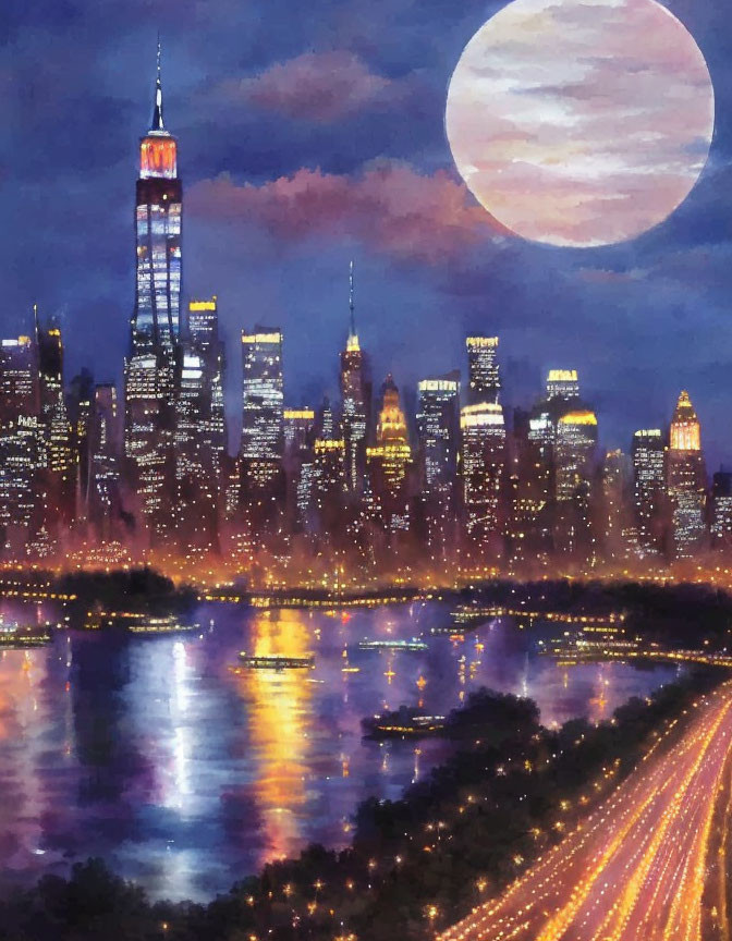 City skyline painting: illuminated buildings, full moon, water reflection, traffic light streaks