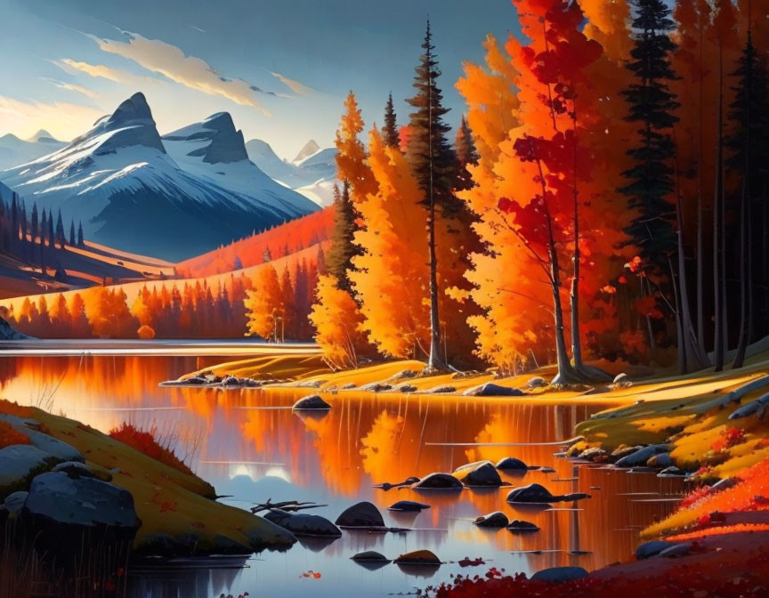 Scenic autumn landscape with fiery foliage, calm lake, snowy mountains, and sunlit sky