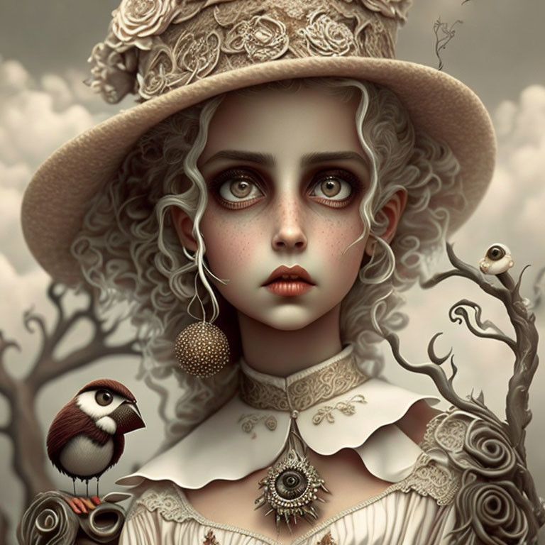 Surreal digital artwork: girl in Victorian attire with wide eyes, pale skin, bird, and