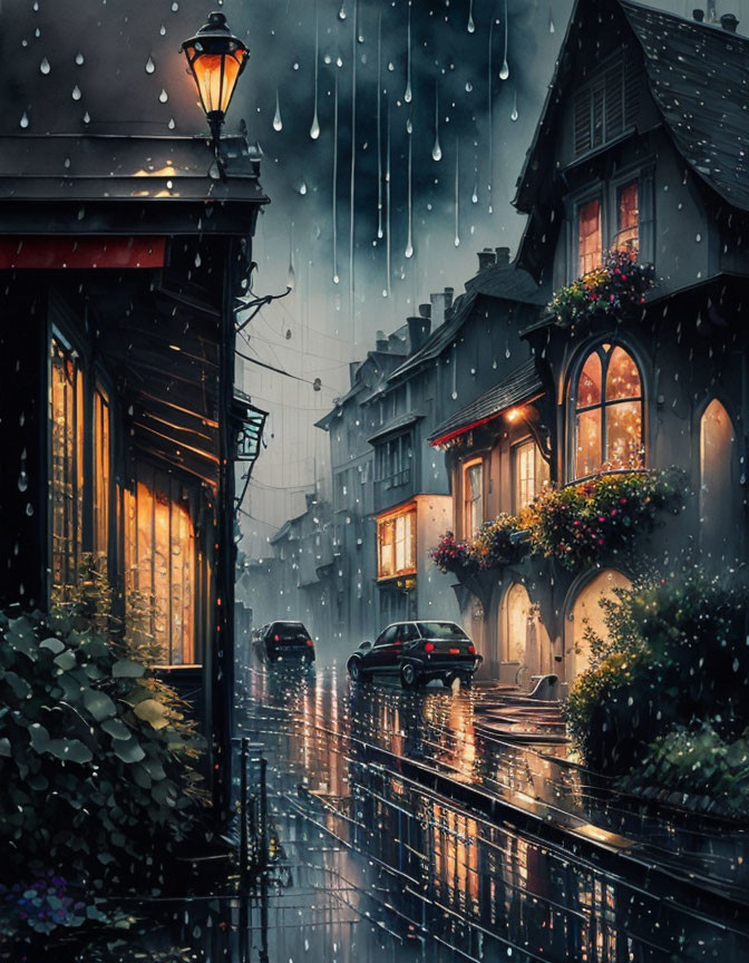 Rain-soaked Night Street Scene with Glowing Lights and Cozy Houses