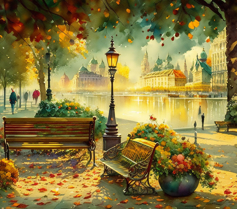 Colorful Autumn Park with River, Street Lamps, and Benches