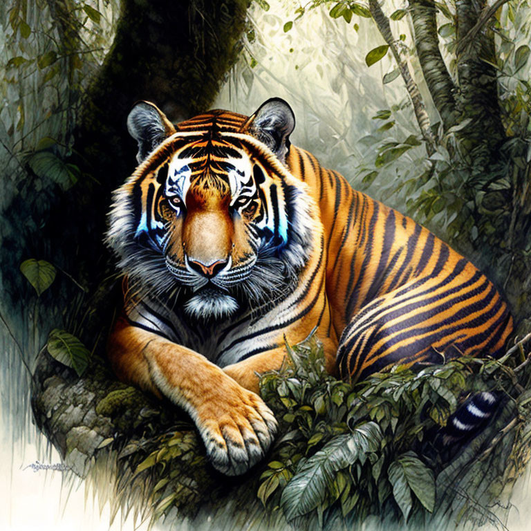 Realistic Painting of Tiger in Lush Jungle with Intense Gaze