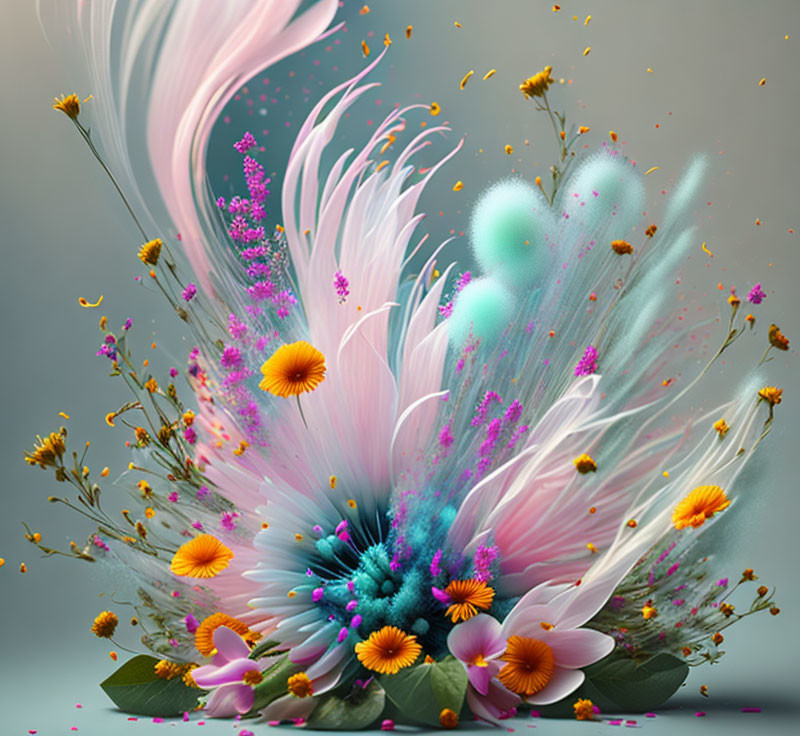 Colorful digital artwork: stylized flowers, feathers, vibrant mix of colors, floating particles, soft