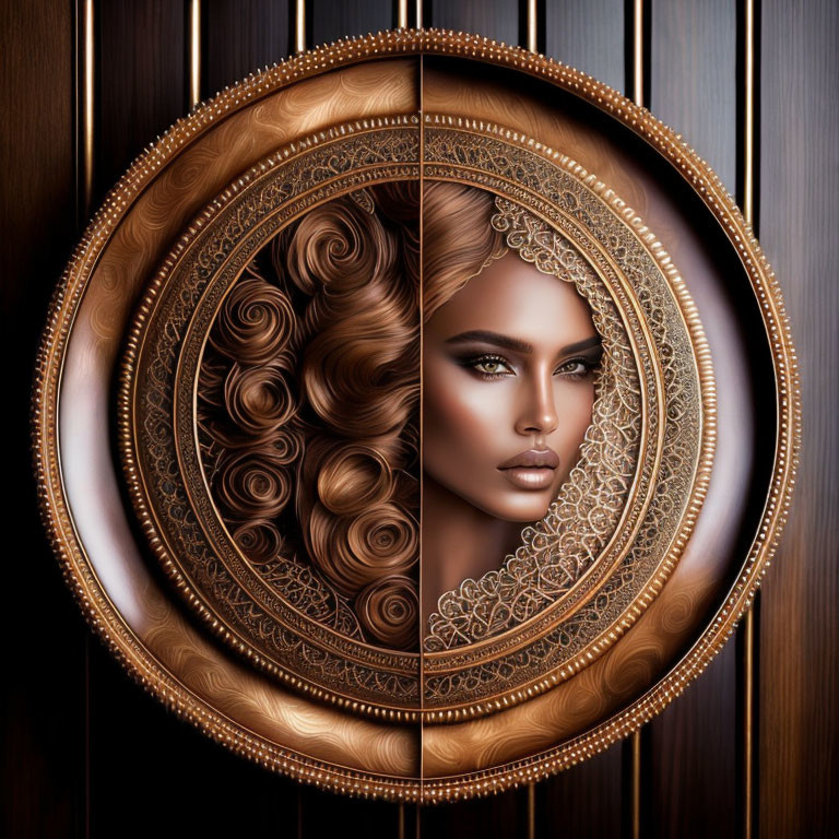 Stylized woman's face split with ornate patterns on circular bronze medallion on wooden backdrop