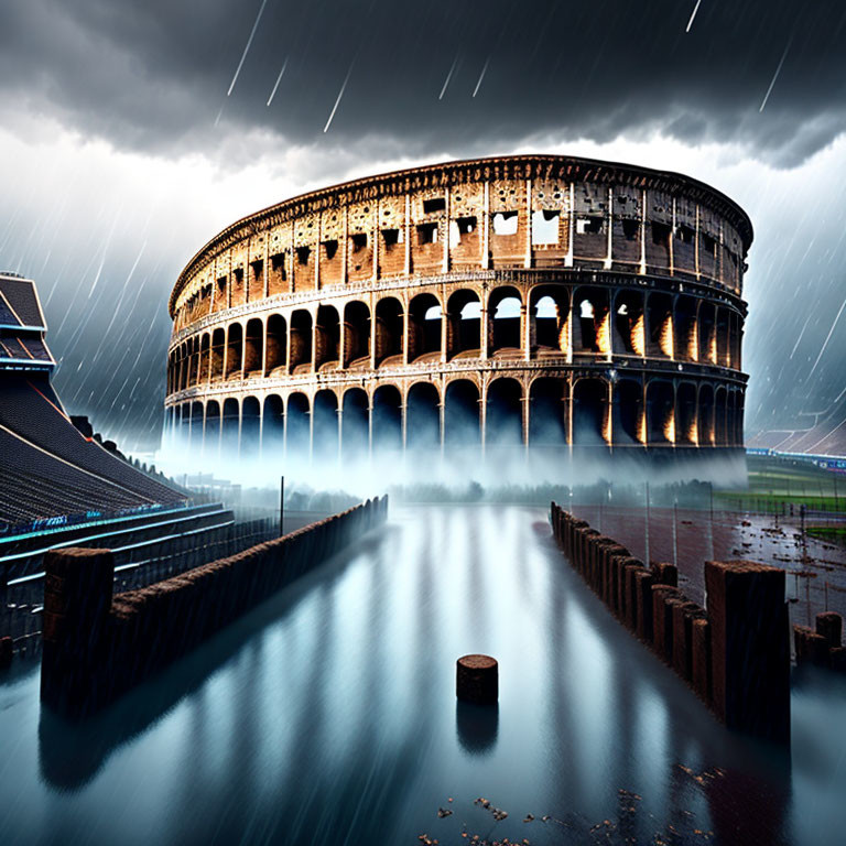Composite image blending Colosseum, oriental architecture, modern stadium under rainy sky.
