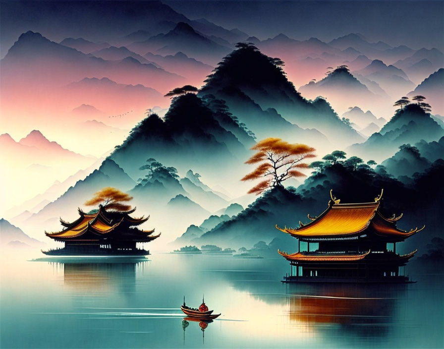 Traditional Chinese architecture with pagodas, boat, misty mountains at dusk