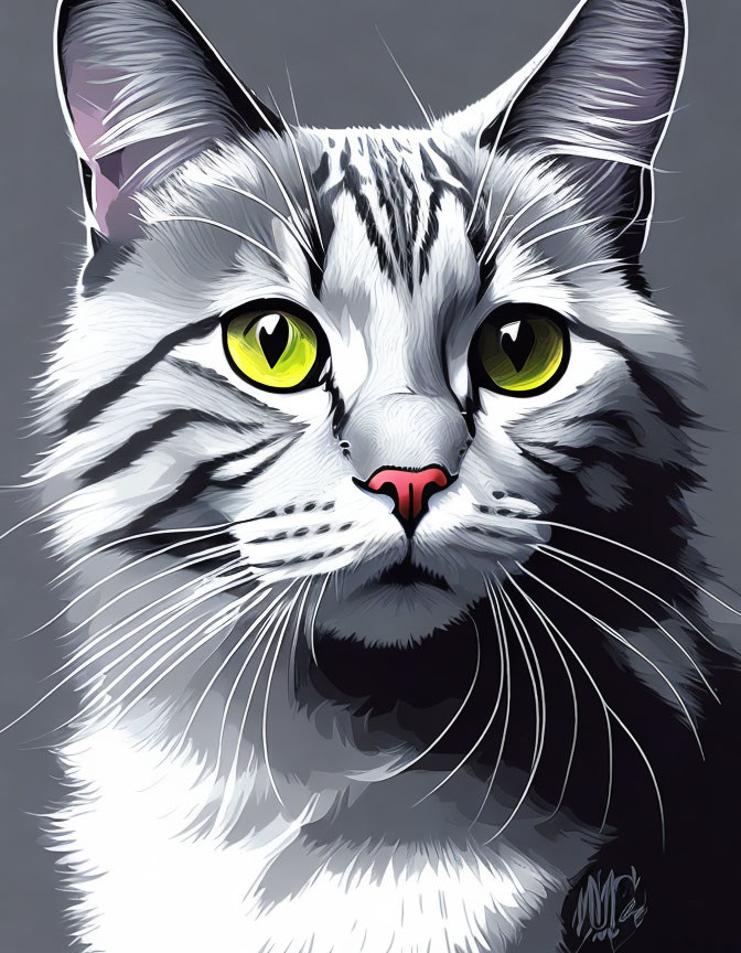 Detailed Black and White Cat Illustration with Yellow Eyes