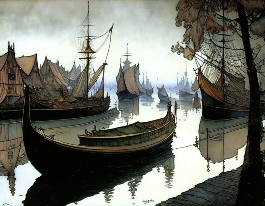 Misty harbor scene with sailboats in dark water