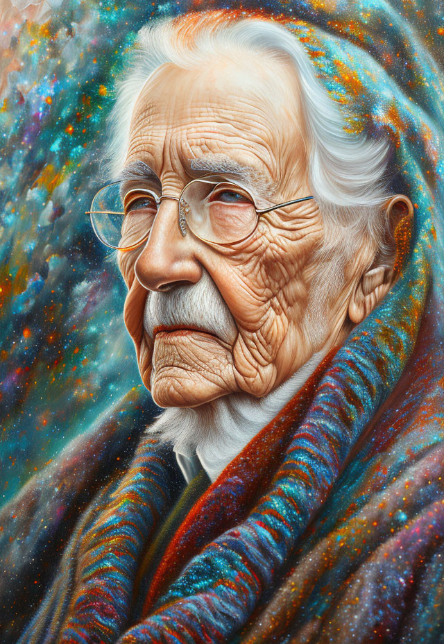 Elder with white beard and glasses in cosmic blanket on starry space background