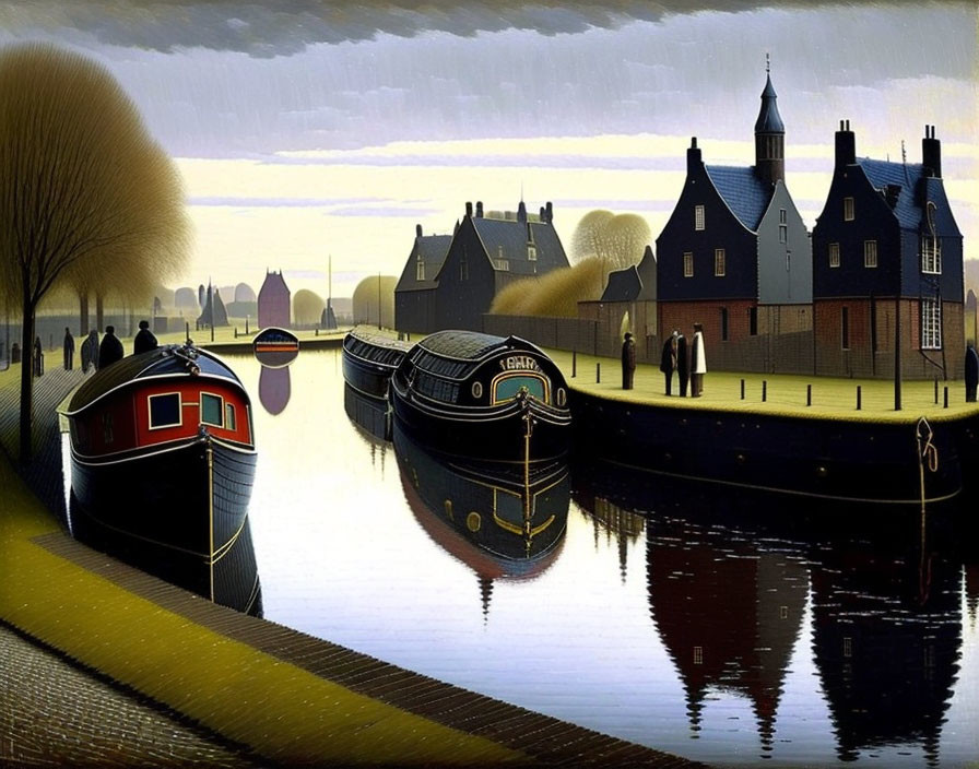 Tranquil canal scene with moored boats and traditional houses at sunset