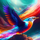 Colorful Bird Flying Among Swirling Patterns and Stars