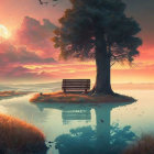 Tranquil sunset landscape with lone tree and bench on island