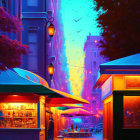 Colorful urban street scene with fruit stall, vintage lamps, and starlit sky.