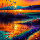 Scenic sunset over calm lake with orange and purple hues.