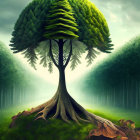 Surreal tree illustration with flowing fabric-like trunk in mystical green landscape