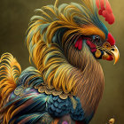 Colorful Rooster Illustration with Gold, Blue, and Orange Plumage