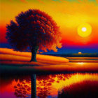 Colorful painting of lone tree in fiery sunset with stars reflected in water