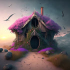 Whimsical cottage with round door in magical twilight forest