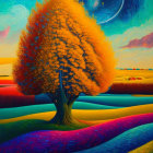 Colorful artwork: Orange floral tree under starry sky with rolling hills