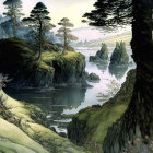 Serene lake landscape with cliffs, trees, and rolling hills