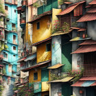 Colorful traditional houses in a narrow, rain-soaked alley