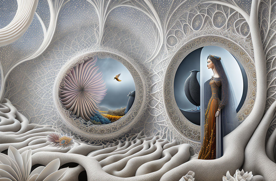 Ornate surreal landscape with swirling patterns and circular portals featuring penguin, fish, and woman.