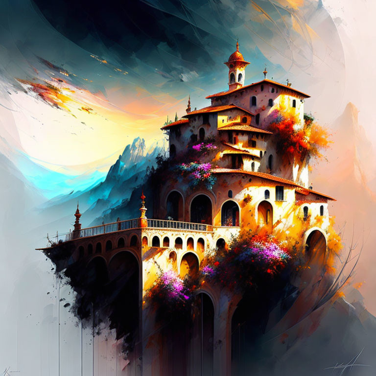 Fantastical cliffside castle with colorful blossoms under dynamic sky