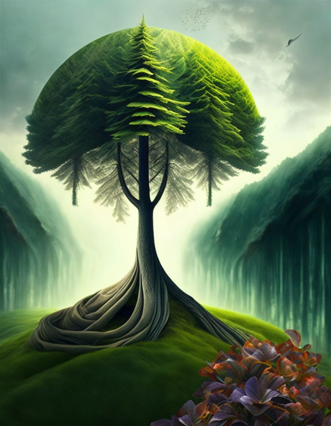 Surreal tree illustration with flowing fabric-like trunk in mystical green landscape