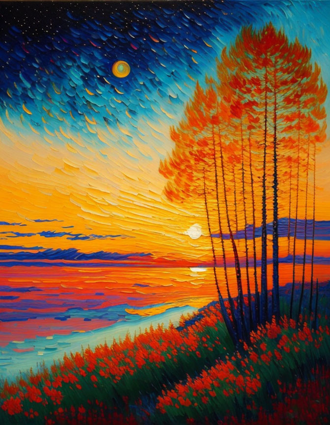 Colorful sunset painting with gradient sky, stars, silhouetted trees, and fiery flowers.