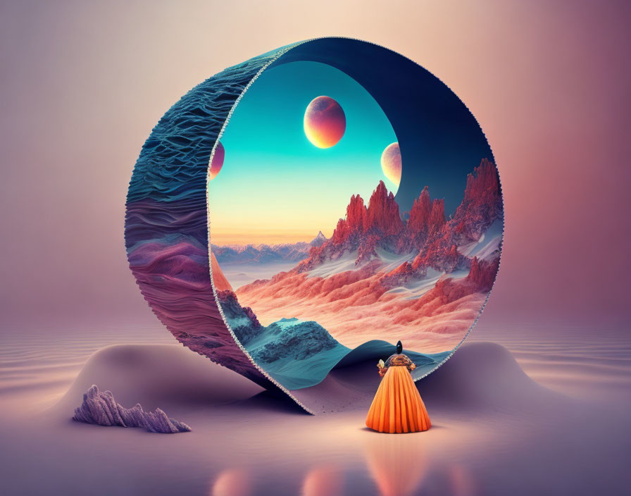 Person in Orange Dress Stands Before Surreal Alien Landscape