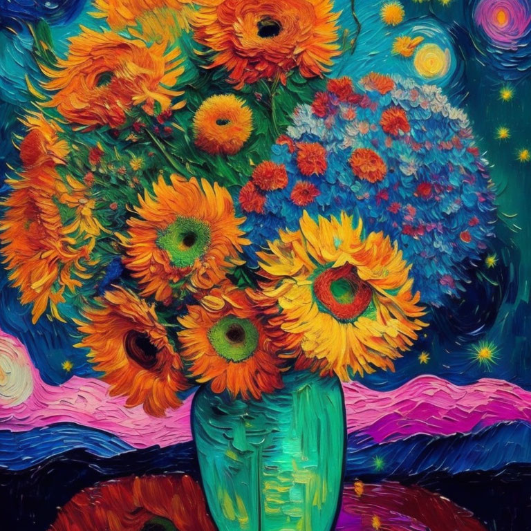 Impressionistic painting of sunflowers in turquoise vase on starry night background