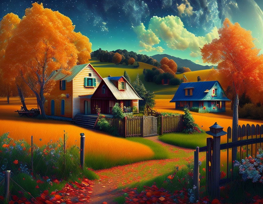 Colorful autumn rural scene with cozy houses and sunset sky