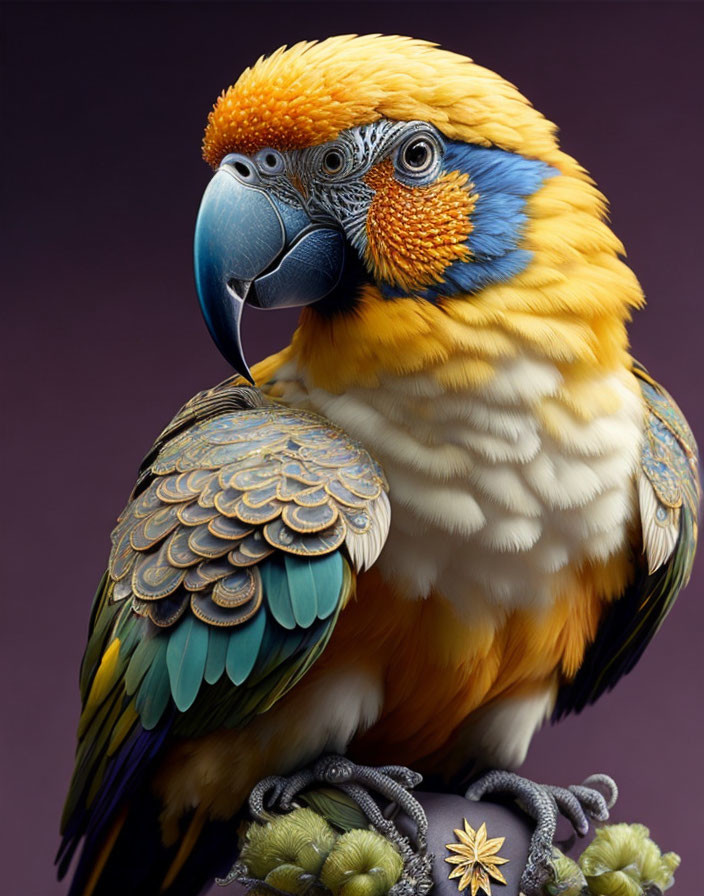 Colorful Macaw Parrot with Yellow, Blue, and Orange Plumage on Purple Background